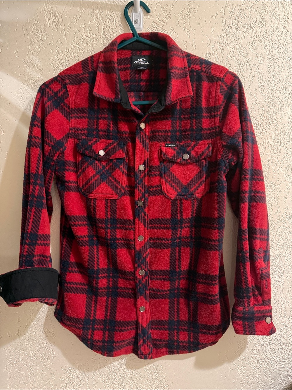 O'Neill Kids' Red and Black Plaid Button-Up Fleece Shirt